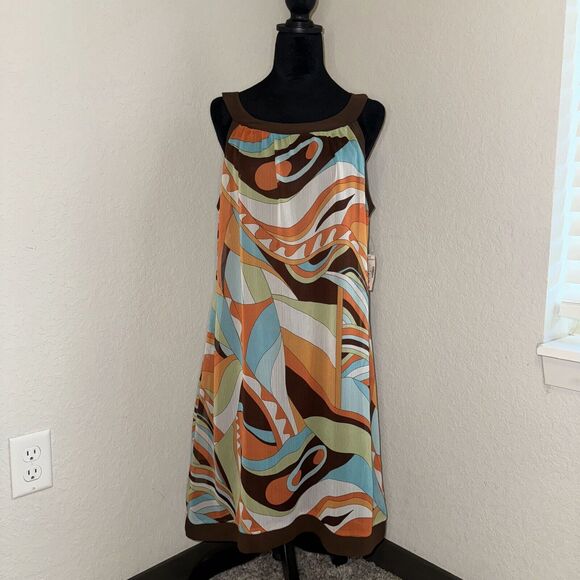 Dressbarn A-Line Dress Women's 14 Multicolor Printed Boat Neck Keyhole Back NWT - Picture 1 of 8